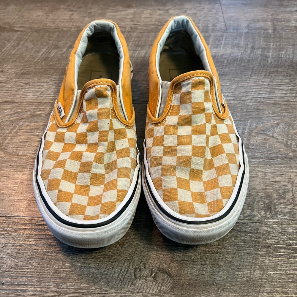 Vans Orange and White Checkerboard Slip-On Sneakers